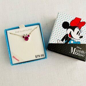 Minnie Mouse Cranberry Pink Crystal Minnie Pendant 18" Necklace Silver Plated